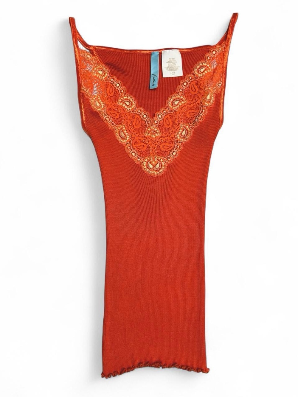 Y2K 2000s Silk Marciano Orange Ribbed Lace-Trim Tank Top